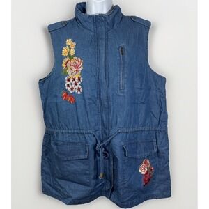NWOT New Look Chambray Full Zip Vest 1X floral embroidery